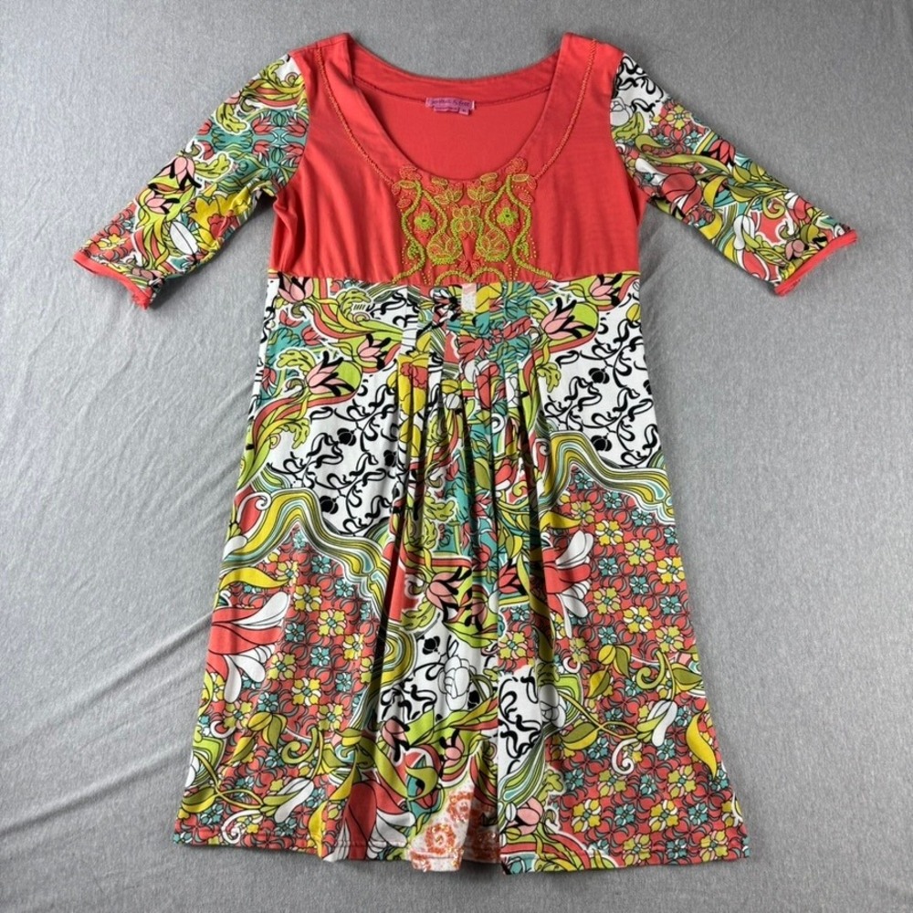 Joyous & Free Tunic Dress Women Medium Coral Floral Beaded Boho Excellent